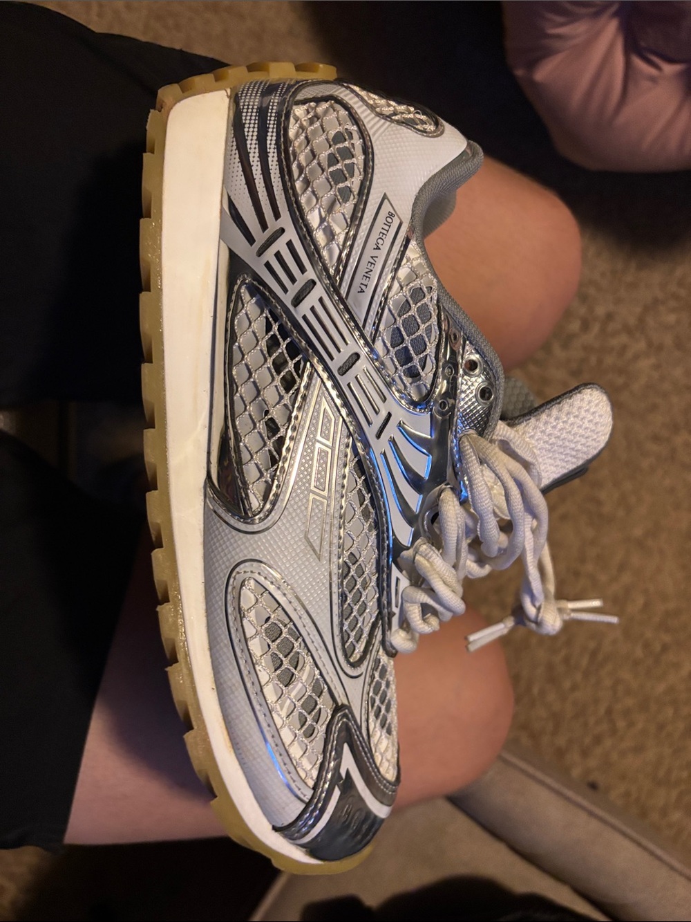 Bottega Veneta Silver and White Metallic Runner